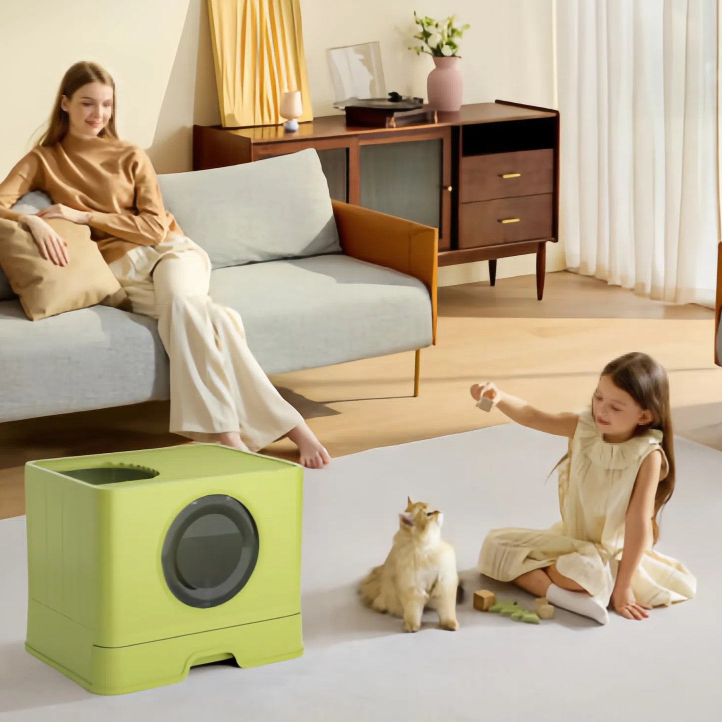 90L Large Capacity Foldable Cat Litter Box with Lid, Demountable Design, Pull-Out Tray & Wheels for Easy Scoop