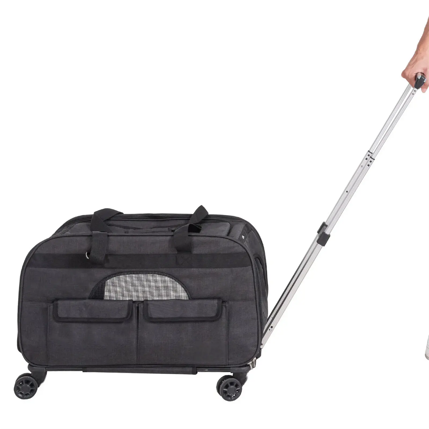 Cat Carrier with Wheels, Rolling Pet Carrier with Telescopic Handle and Shoulder Strap, Dog Carrier with Wheels for Pets, Black