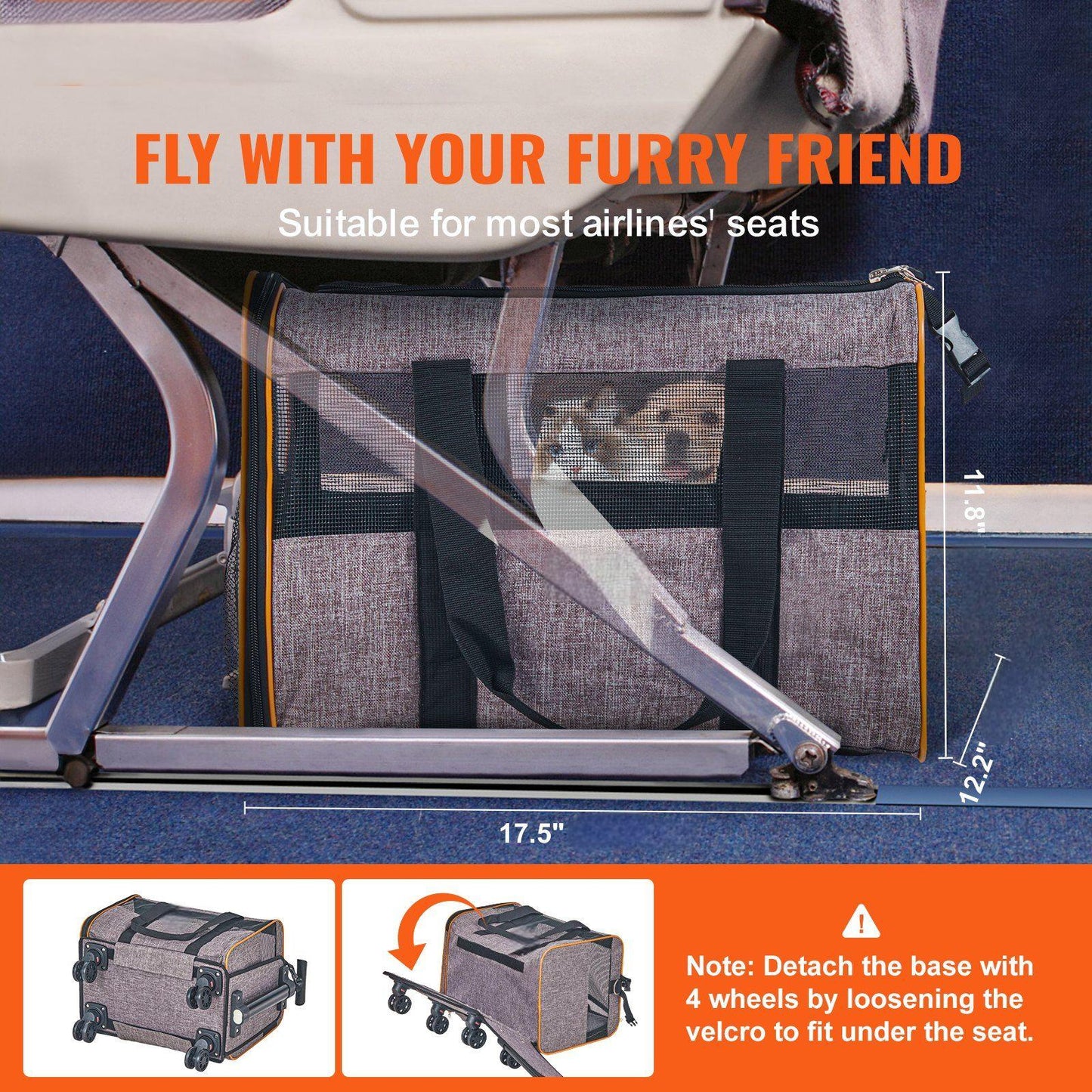 Cat Carrier with Wheels, Airline Approved Rolling Pet Carrier with Telescopic Handle and Shoulder Strap Grey