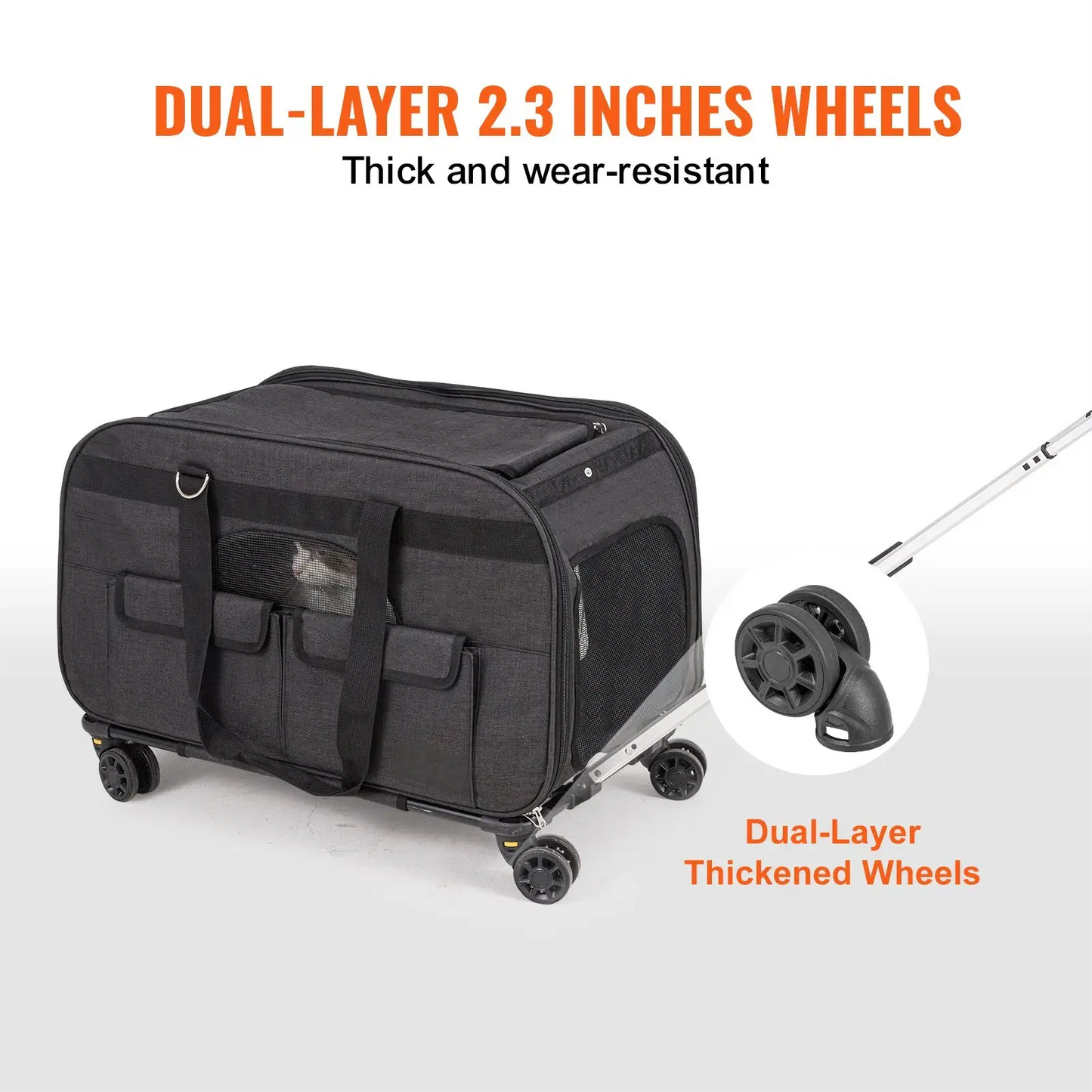 Cat Carrier with Wheels, Rolling Pet Carrier with Telescopic Handle and Shoulder Strap, Dog Carrier with Wheels for Pets, Black