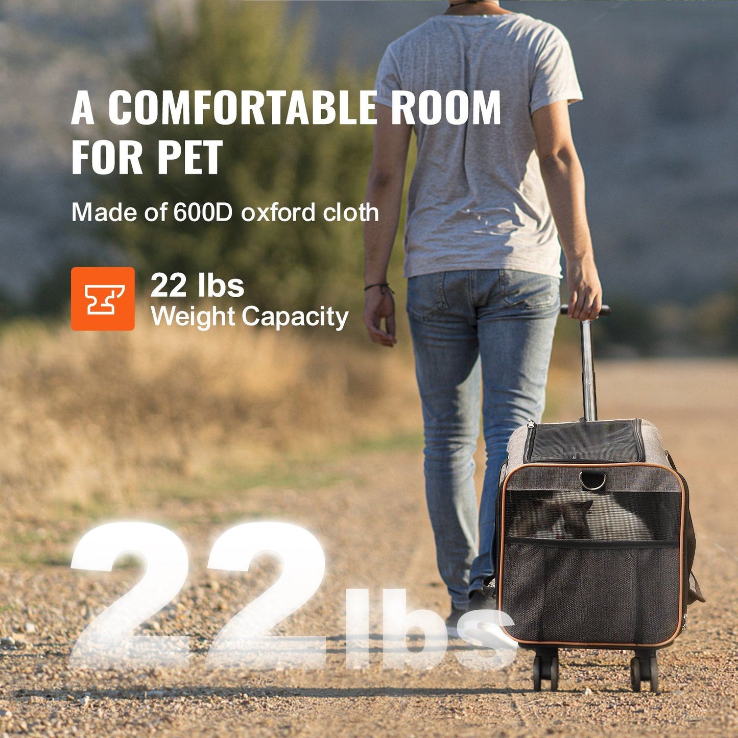 Cat Carrier with Wheels, Airline Approved Rolling Pet Carrier with Telescopic Handle and Shoulder Strap Grey