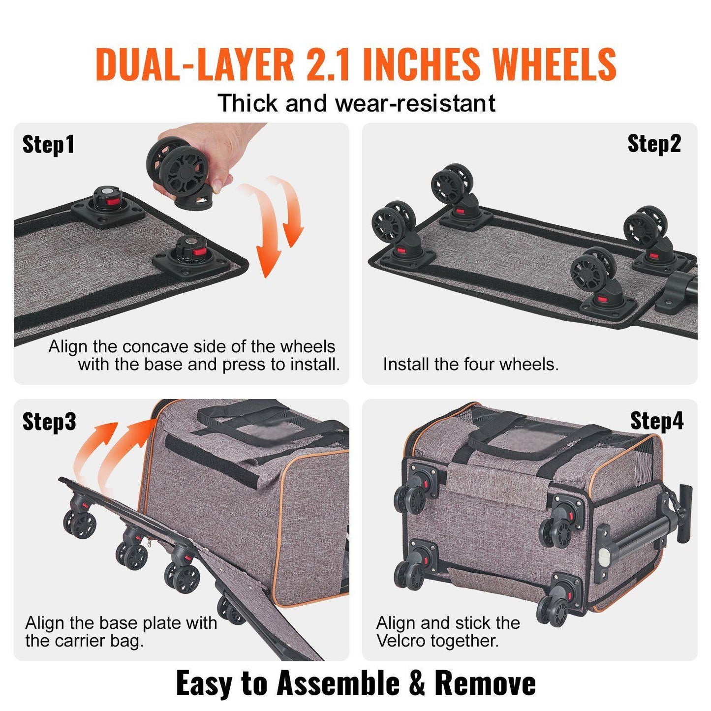 Cat Carrier with Wheels, Airline Approved Rolling Pet Carrier with Telescopic Handle and Shoulder Strap Grey