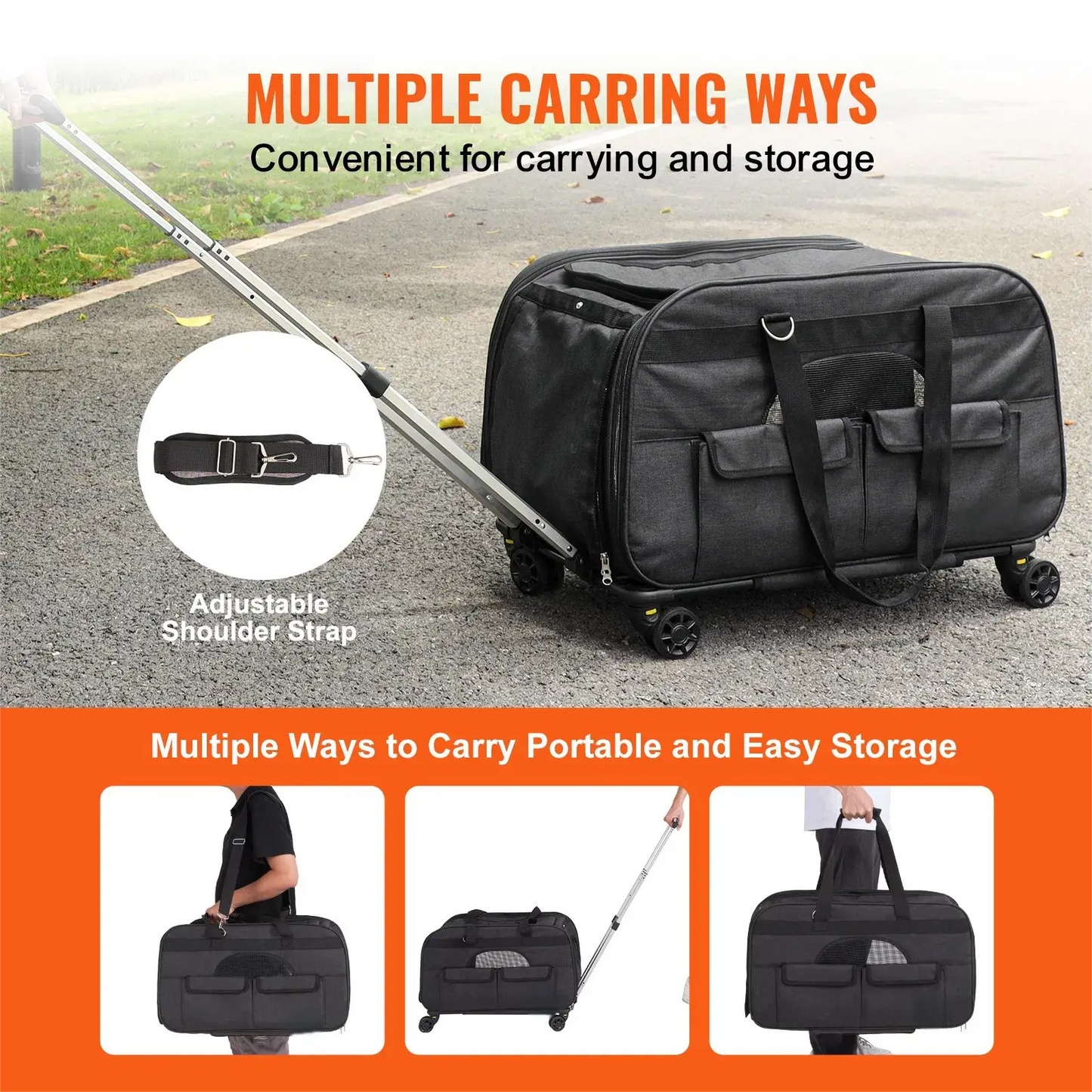 Cat Carrier with Wheels, Rolling Pet Carrier with Telescopic Handle and Shoulder Strap, Dog Carrier with Wheels for Pets, Black