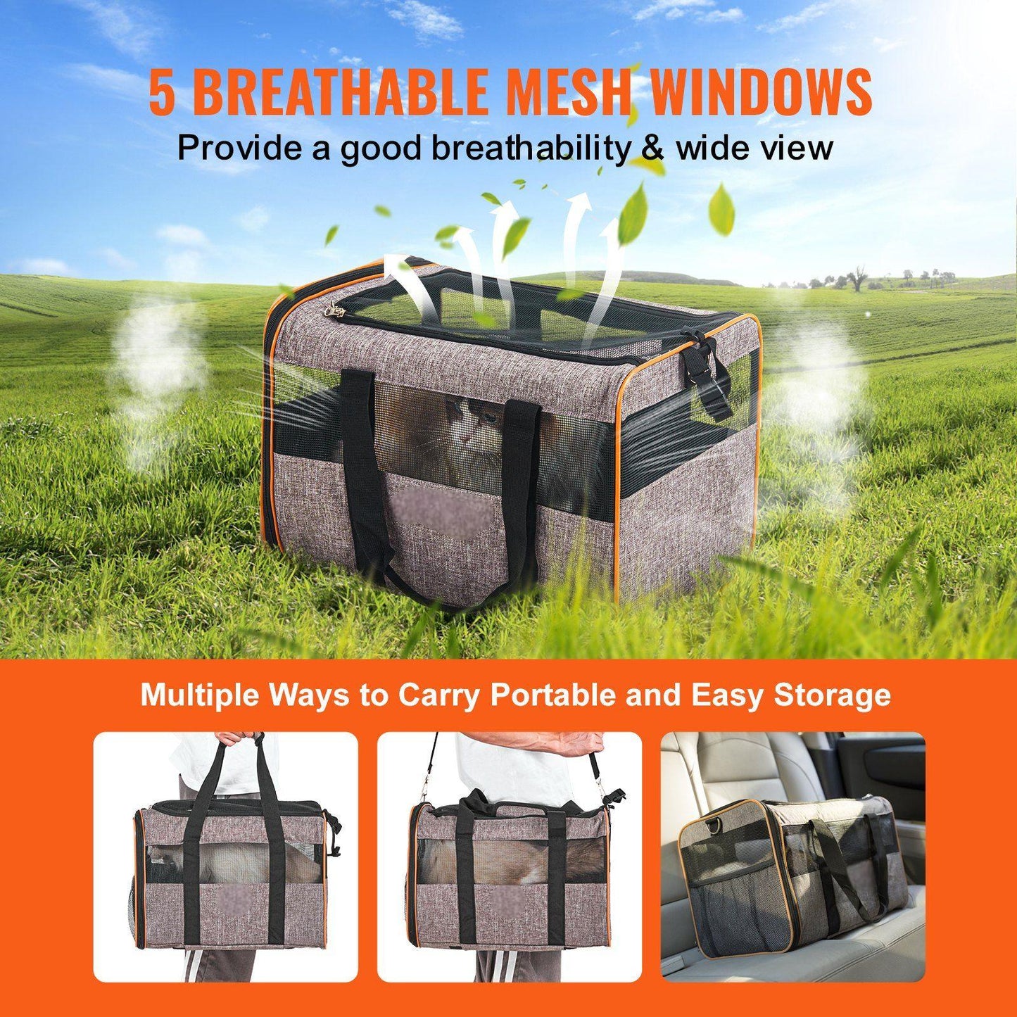 Cat Carrier with Wheels, Airline Approved Rolling Pet Carrier with Telescopic Handle and Shoulder Strap Grey