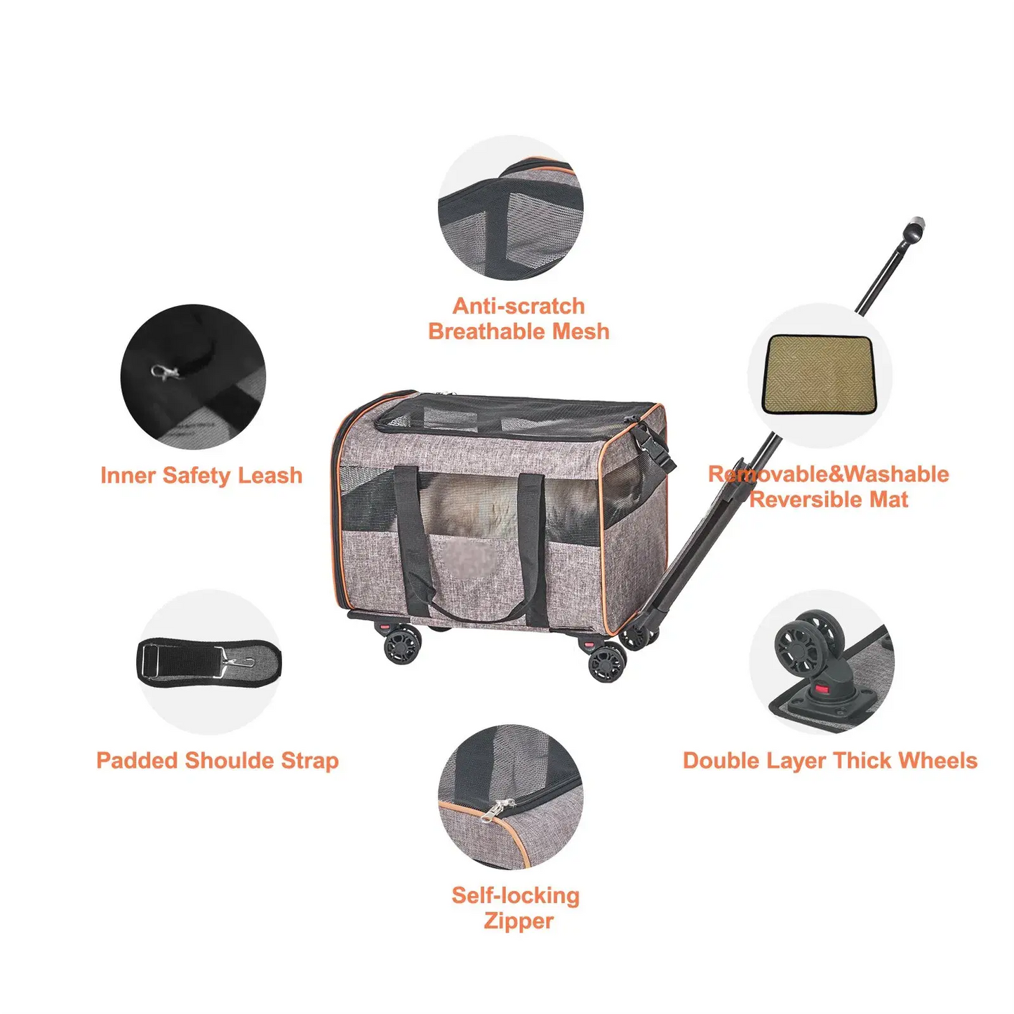 Cat Carrier with Wheels, Airline Approved Rolling Pet Carrier with Telescopic Handle and Shoulder Strap Grey