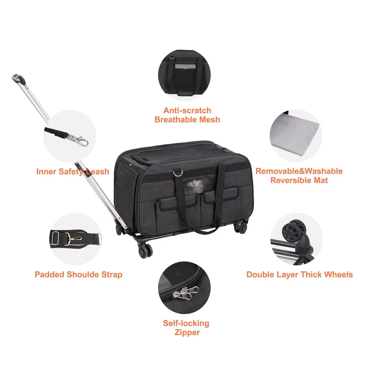 Cat Carrier with Wheels, Rolling Pet Carrier with Telescopic Handle and Shoulder Strap, Dog Carrier with Wheels for Pets, Black