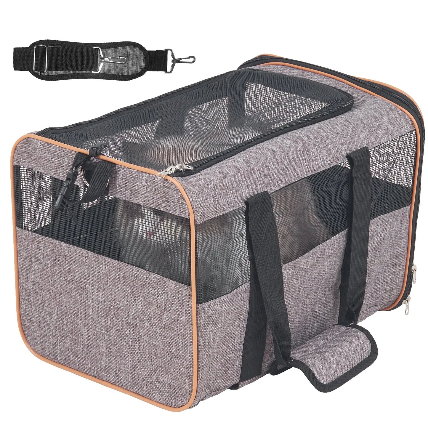 Cat Carrier with Wheels, Airline Approved Rolling Pet Carrier with Telescopic Handle and Shoulder Strap Grey