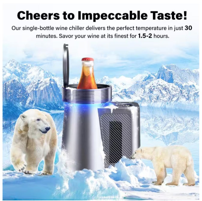 5.9 in. Portable Single Bottle Cellar Cooling Unit Wine Beverage Cooler in Stainless Steel + Car Charger Adapter