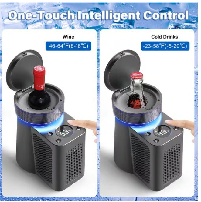 5.9 in. Portable Single Bottle Cellar Cooling Unit Wine Beverage Cooler in Stainless Steel + Car Charger Adapter