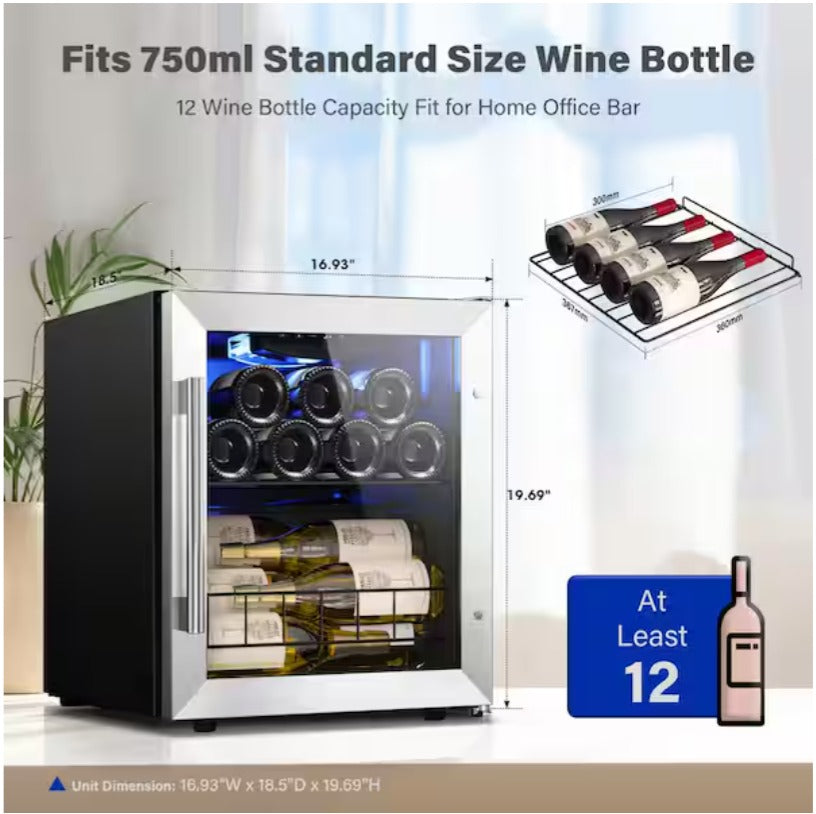 Single Zone 12-Bottle Freestanding Compressor Wine Cooler Refrigerator Fridge Cellar Cooling Unit in Stainless Steel
