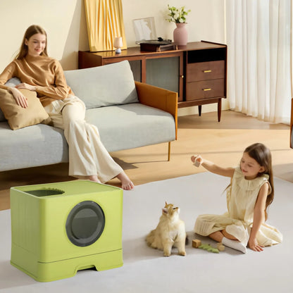 90L Large Capacity Foldable Cat Litter Box with Lid, Demountable Design, Pull-Out Tray & Wheels for Easy Scoop