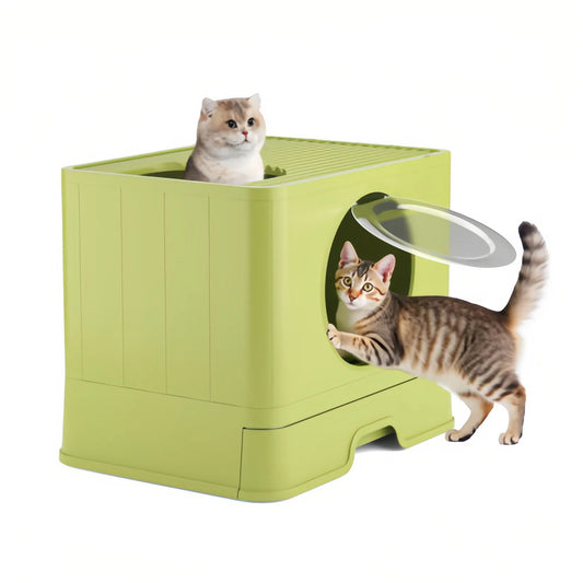 90L Large Capacity Foldable Cat Litter Box with Lid, Demountable Design, Pull-Out Tray & Wheels for Easy Scoop