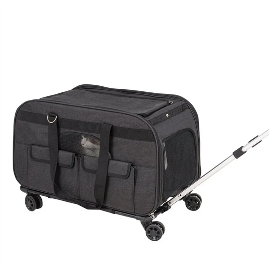 Cat Carrier with Wheels, Rolling Pet Carrier with Telescopic Handle and Shoulder Strap, Dog Carrier with Wheels for Pets, Black