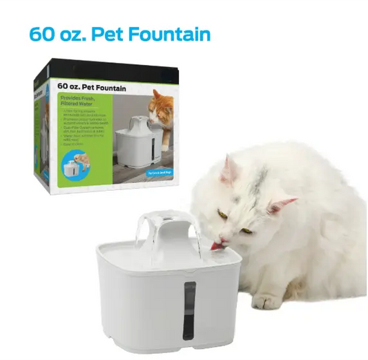 60 oz. Pet Fountain- Automatic water fountain for cats & small dogs, fresh, filtered water, promotes hydration, adjustable water flow, sleek, compact, easy to clean, filters included