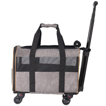 Cat Carrier with Wheels, Airline Approved Rolling Pet Carrier with Telescopic Handle and Shoulder Strap Grey