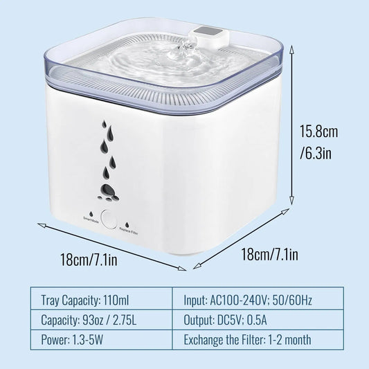 Pet Water Fountain, 93oz/2.75L Automatic Cat and Dog Water Fountain Water Dispenser Ultra-Quite Easy to Clean and Assemble