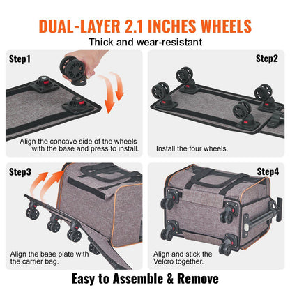 Cat Carrier with Wheels, Airline Approved Rolling Pet Carrier with Telescopic Handle and Shoulder Strap Grey