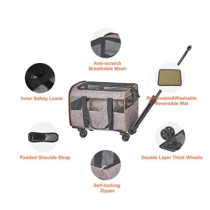 Cat Carrier with Wheels, Airline Approved Rolling Pet Carrier with Telescopic Handle and Shoulder Strap Grey