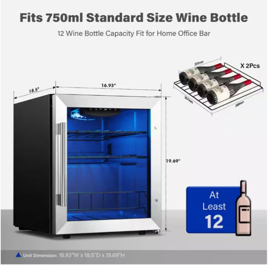 Single Zone 12-Bottle Freestanding Compressor Wine Cooler Refrigerator Fridge Cellar Cooling Unit in Stainless Steel