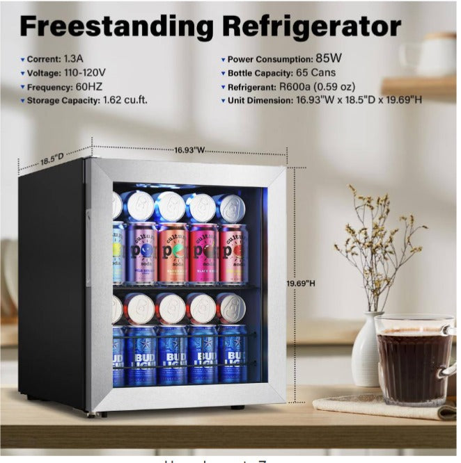 16.9 in. Single Zone 65-Cans Freestanding Compressor Beverage Cooler Refrigerator Fridge in Stainless Steel Frost Free