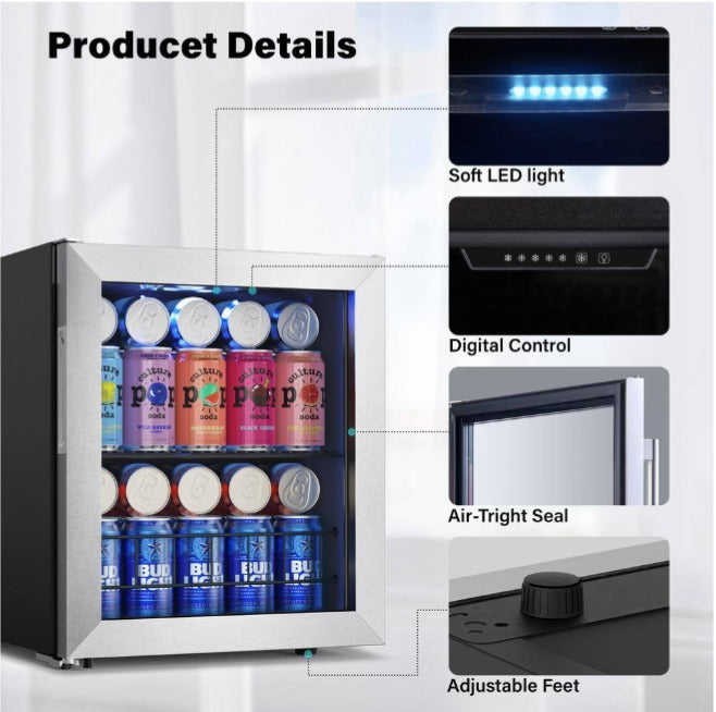 16.9 in. Single Zone 65-Cans Freestanding Compressor Beverage Cooler Refrigerator Fridge in Stainless Steel Frost Free